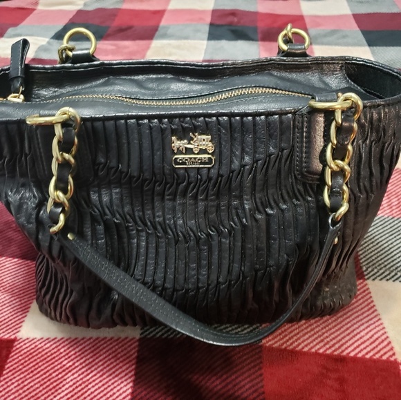 Authentic Used Black Pleated Leather COACH bag - Picture 1 of 8